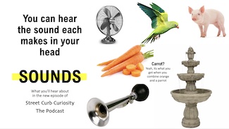 a fan, pig, carrot, parrot, fountain and horn highlighting different sounds on podcast of Street Curb Curiosity.