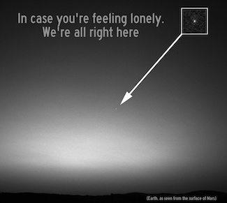 a black and white image of earth, from the surface of Mars, to let you know you're not alone