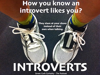 shoes to promote a podcast about introverts on Street Curb Curiosity