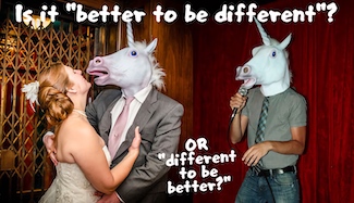 Unicorns dancing to highlight quote from Jony Ive about being better.