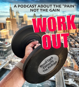 a curled dumbbell to promote the new podcast episode about a work out on Street Curb Curiosity