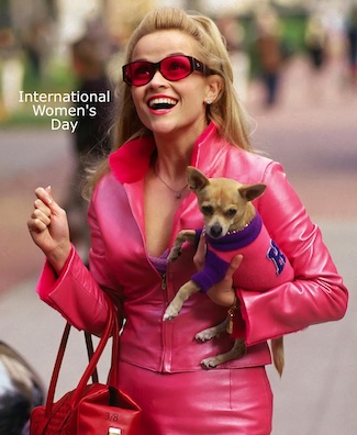 the famous Elle Woods and her dog Bruiser in pink for international women's day in March