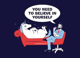 unicorn being told by a doctor to believe in itself for a motivational daily blog from www.caremoretoday.com 
