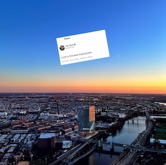 Elon Musk Tweet from 2020 over a south Philadelphia skyline to highlight the idea of luck