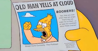 cartoon of old guy shouting at the sky for a podcast about Boomers, from Street Curb Curiosity
