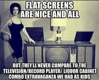 meme about large tv furniture as a kid for a podcast about how you decorate from Street Curb Curiosity The Podcast.
