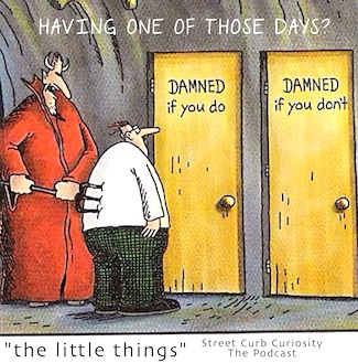 Larsen cartoon about being "damned" in your day. Here's a podcast about the positive little things to show you it is a good day, from Street Curb Curiosity- The Podcast