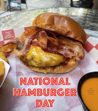 A juicy bacon cheeseburger for National Burger day on May 28 in the USA; enjoy a #podcast about our love of burgers