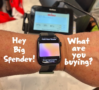 Apple Pay being used to make a purchase to highlight a podcast episode about the daily things we buy, from Street Curb Curiosity