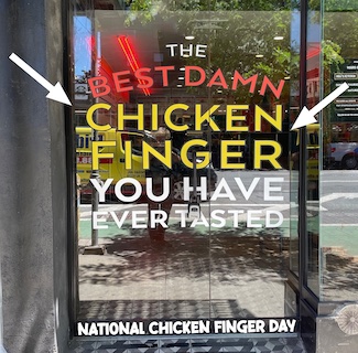 a restaurant door with a sign saying they serve the best chicken fingers you ever tasted