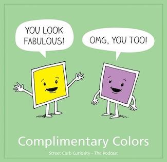complimentary color cartoon to highlight a podcast about colors, from street curb curiosity 