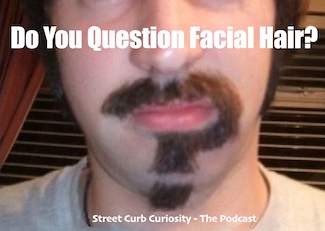 a question mark shaved into a beard to highlight the podcast about facial hair from street curb curiosity