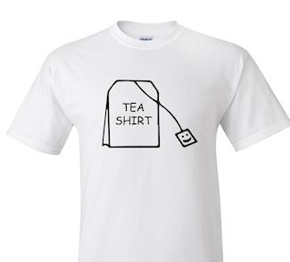 a plain white the-shirt showing off a fun tea bag logo for a thought about the origin of the shirt style