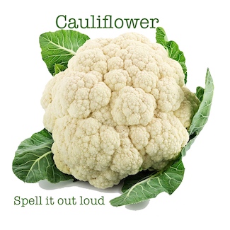 a head of cauliflower to highlight some spelling fun from the daily blog www.caremoretoday.com 
