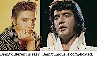 Elvis Presley photos as a blonde and later in his career, to highlight being unique, from the daily motivational life blog. www.caremoretoday.com