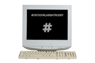 Old computer screen for national hashtag day with the top five hashtags from the daily blog www.caremoretoday.com 