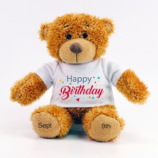 a teddy bear wearing a happy birthday t-shirt forSeptember 9th, which is the most common birthday in the USA, it's also national Teddybear day, thought blog www.caremoretoday.com