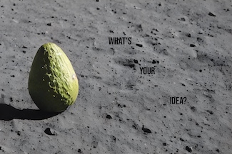 An avocado on the moon; an image created by AI as a content idea from the daily thought blog www.caremoretoday.com