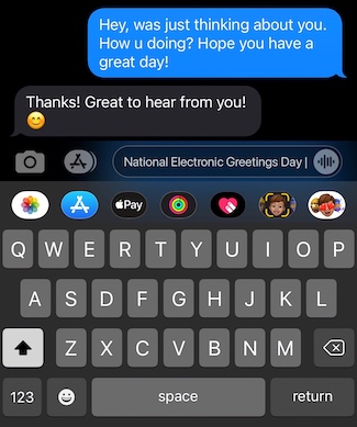 An Apple iPhone screen with a text message saying hello for national electronic greeting day in November, from the daily thought blog www.caremoretoday.com