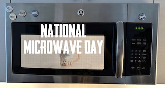 A microwave oven heating coffee for national microwave day YESTERDAY, fro the daily thought blog www.caremoretoday.com