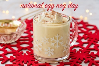 a Christmas festive cup of eggnog with whipped cream and cinnamon on top for national eggnog day, from the daily thought blog www.caremoretoday.com