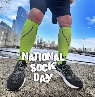 bright yellow compression socks for national sock day on December 4 from the daily thought blog www.caremoretoday.com, plus a podcast episode about laundry.