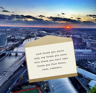 a brown thank you card over a blue and red sunset for national thank you note day on December 26.  From the daily grateful thought blog www.caremoretoday.com