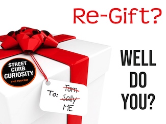 a white gift box with a big red bow, with the idea of regifting from the podcast street curb curiosity
