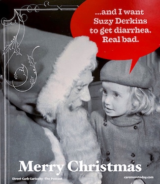a funny sarcastic Christmas wish from a little girl sitting on Santa's lap.