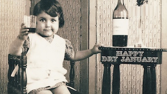 an old photo of a young French girl toasting with a glass of wine for Dry January. Another daily thought from the blog www.caremoretoday.com