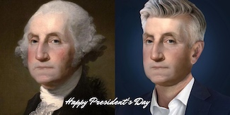 Two images of George Washington. A well known one and what he may look like if alive today, in contemporary clothing