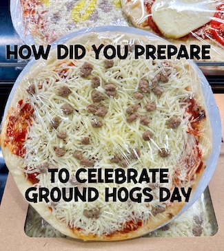 a shrink wrapped pizza as a fun idea for grand hogs day, plus an old radio station promotion