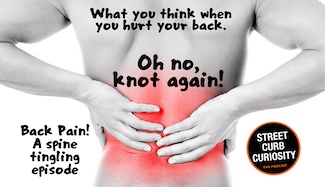 a painful back, something we all have at one time,  as a topic for podcast episode from street curb curiosity