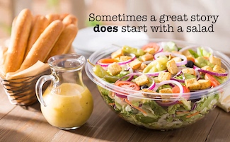 an Olive Garden salad and bread sticks as a start of a great business story