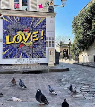 a courtyard filled with pigeons and the word LOVE waiting on a wall.