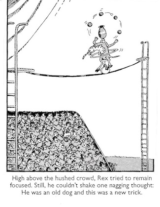 an old dog trying a new trick in a Gary Larson cartoon
