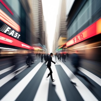 An AI generated image of a busy urban city street, asking if you['re going fast or going far