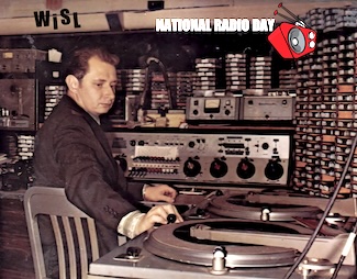 an early radio studio of WISL AM Radio in Shamokin, PA, with morning DJ Tom Kutza for National Radio Day