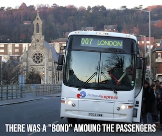 a London bound passenger bus with the number of 007 for some movie trivia