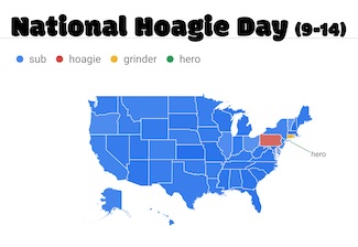 a map of the USA showing where we call a certain food a hoagie, a sub, a grinder or a hero for national hoagie day