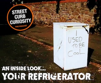 an abandoned refrigerator on the side of a road for a podcast about what's in yours.