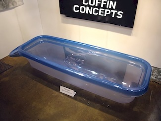 a blight blue transparent Tupperware container to be used as a coffin as a halloween idea, from the daily thought blog www.caremoretoday.com 