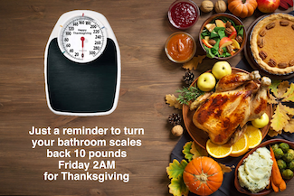 a weight scale next to a large thanksgiving meal as a reminder to turn your scale back for the holiday. from the daily thought blog: care more today