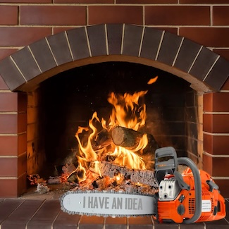 a roaring fireplace wood fire with a chainsaw sitting in front of it for an idea about the invention of the device.