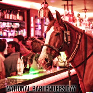 An AI generated image of a horse in a crowed bar for national bartenders day in December.