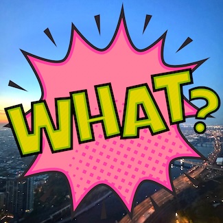 the word WHAT in large print over a bright pink cartoon explosion