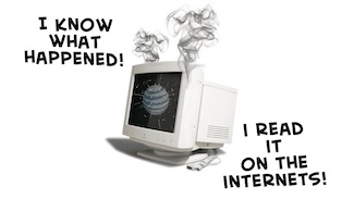 an old smoking computer monitor CRT to highlight how fast bad ideas spread thought the Internet.