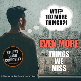 a man looking out a rain covered window inn a city, thinking about things from the good old days, for a boomer podcast episode from street curb curiosity 