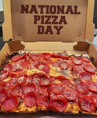 A Detroit pepperoni pizza in a box to highlight and celebrate national pizza day in February