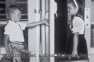a young boy holding open a door for a girl in public for national set a good example day